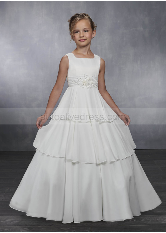 Square Neck Ivory Chiffon Tiered Skirt Pearl Floor Length Flower Girl Dress